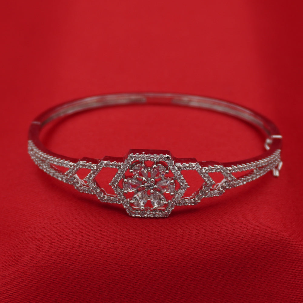 Halo-Set Floral Silver-Tone American Diamond Bracelet (Free Size)