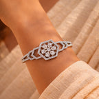 Halo-Set Floral Silver-Tone American Diamond Bracelet (Free Size)