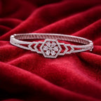 Halo-Set Floral Silver-Tone American Diamond Bracelet (Free Size)