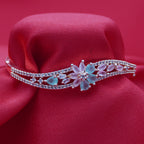 High-Polish Silver-Tone American Diamond Wave Bangle with Marquise Petal Floral Center (Free Size)