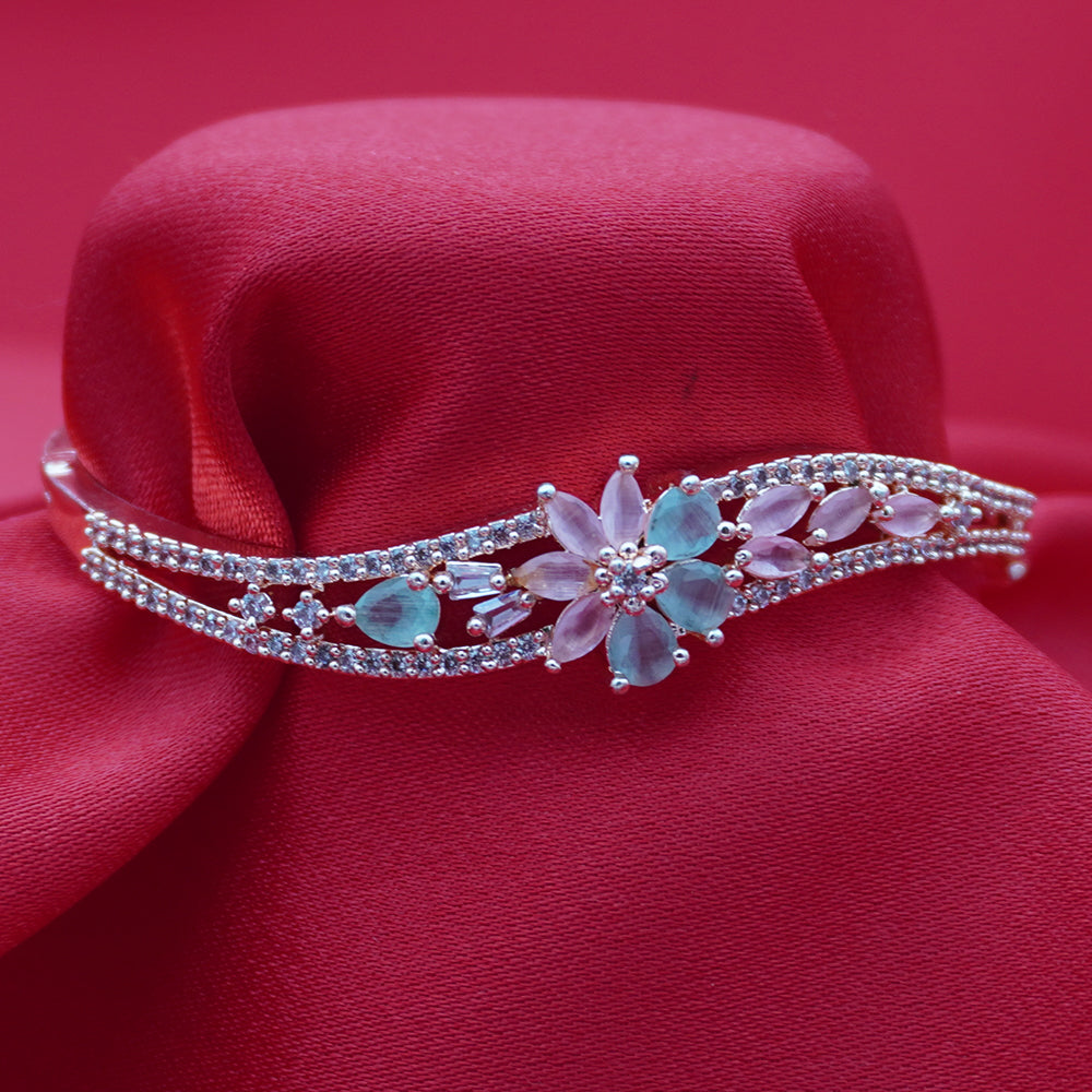 High-Polish Silver-Tone American Diamond Wave Bangle with Marquise Petal Floral Center (Free Size)