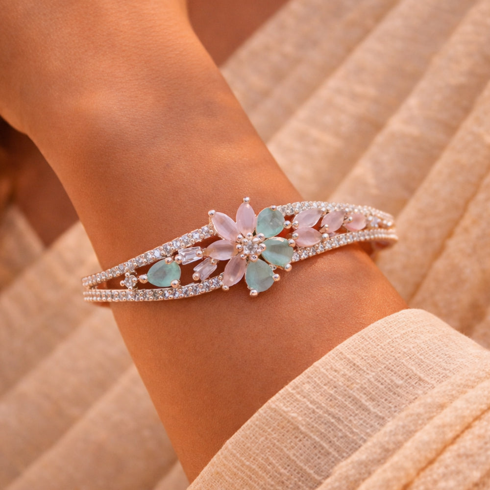 High-Polish Silver-Tone American Diamond Wave Bangle with Marquise Petal Floral Center (Free Size)