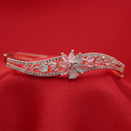 High-Polish Silver-Tone American Diamond Wave Bangle with Marquise Petal Floral Center (Free Size)