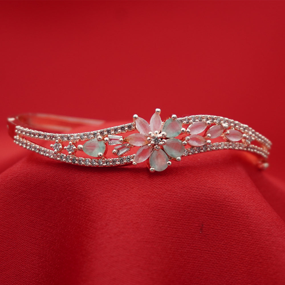 High-Polish Silver-Tone American Diamond Wave Bangle with Marquise Petal Floral Center (Free Size)