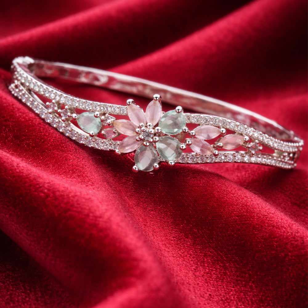 High-Polish Silver-Tone American Diamond Wave Bangle with Marquise Petal Floral Center (Free Size)