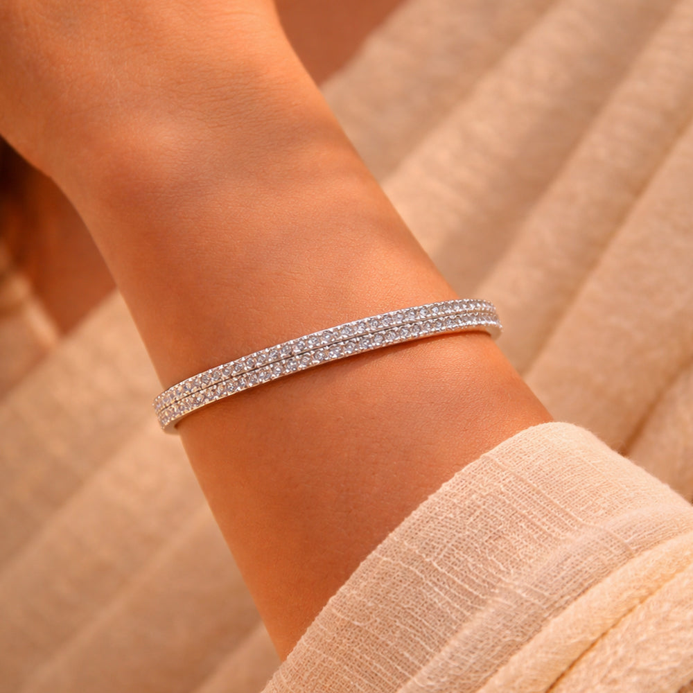 High-Polish Silver-Tone American Diamond Multi-Row Statement Bangle (Free Size)