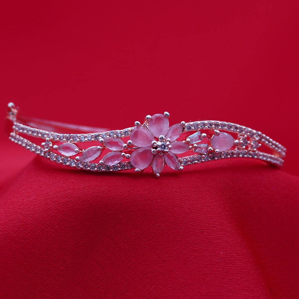 High-Polish Silver-Tone American Diamond Wave Bangle with Pink Marquise Floral Center (Free Size)