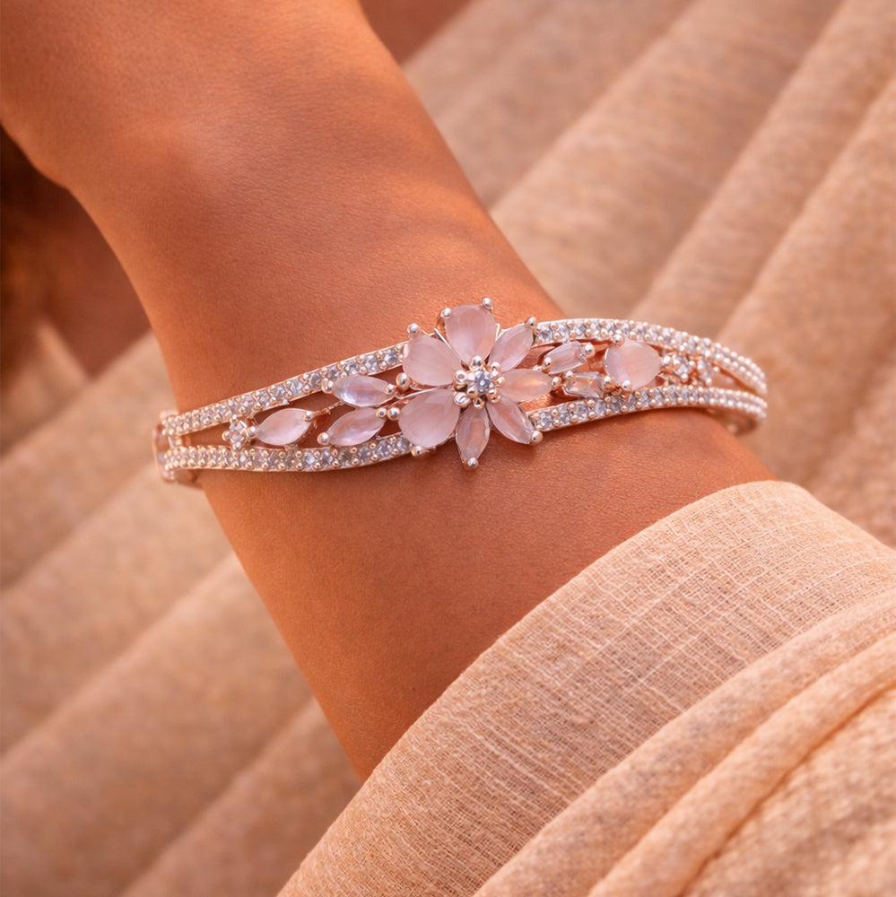 High-Polish Silver-Tone American Diamond Wave Bangle with Pink Marquise Floral Center (Free Size)