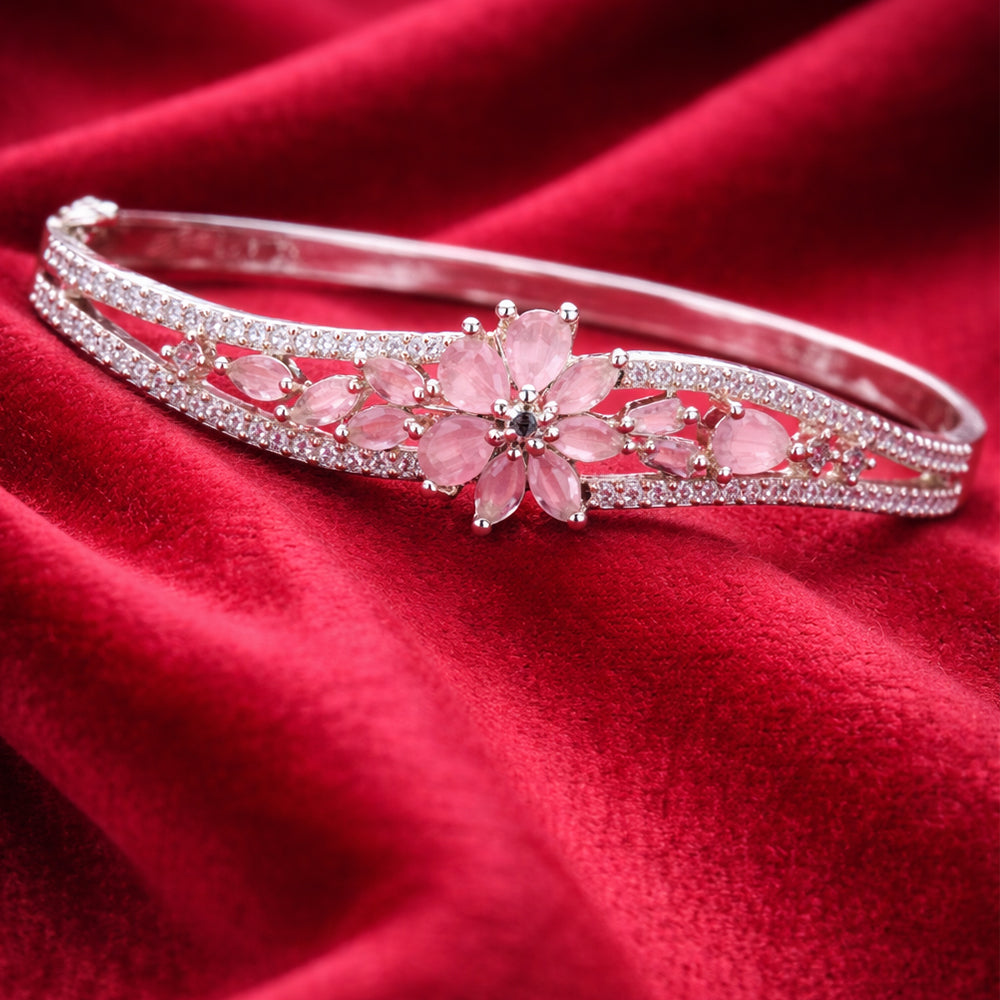 High-Polish Silver-Tone American Diamond Wave Bangle with Pink Marquise Floral Center (Free Size)