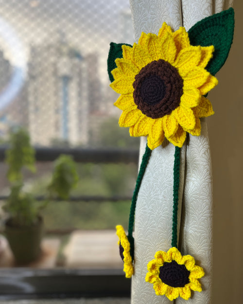 Handmade Crochet Sunflower Curtain Tieback - Yellow with Deep Green Leaves