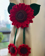 🌺 Handmade Crochet Sunflower Curtain Tieback - Red with Deep Green Leaves
