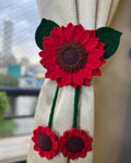 Handmade Crochet Sunflower Curtain Tieback - Red with Deep Green Leaves