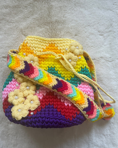 Sunshine Rainbow Crochet Bag – 3D Flower Accents & Pom Charms