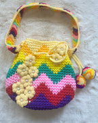 🌼Sunshine Rainbow Crochet Bag – 3D Flower Accents & Pom Charms