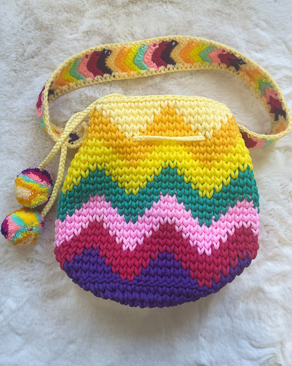 🌼Sunshine Rainbow Crochet Bag – 3D Flower Accents & Pom Charms