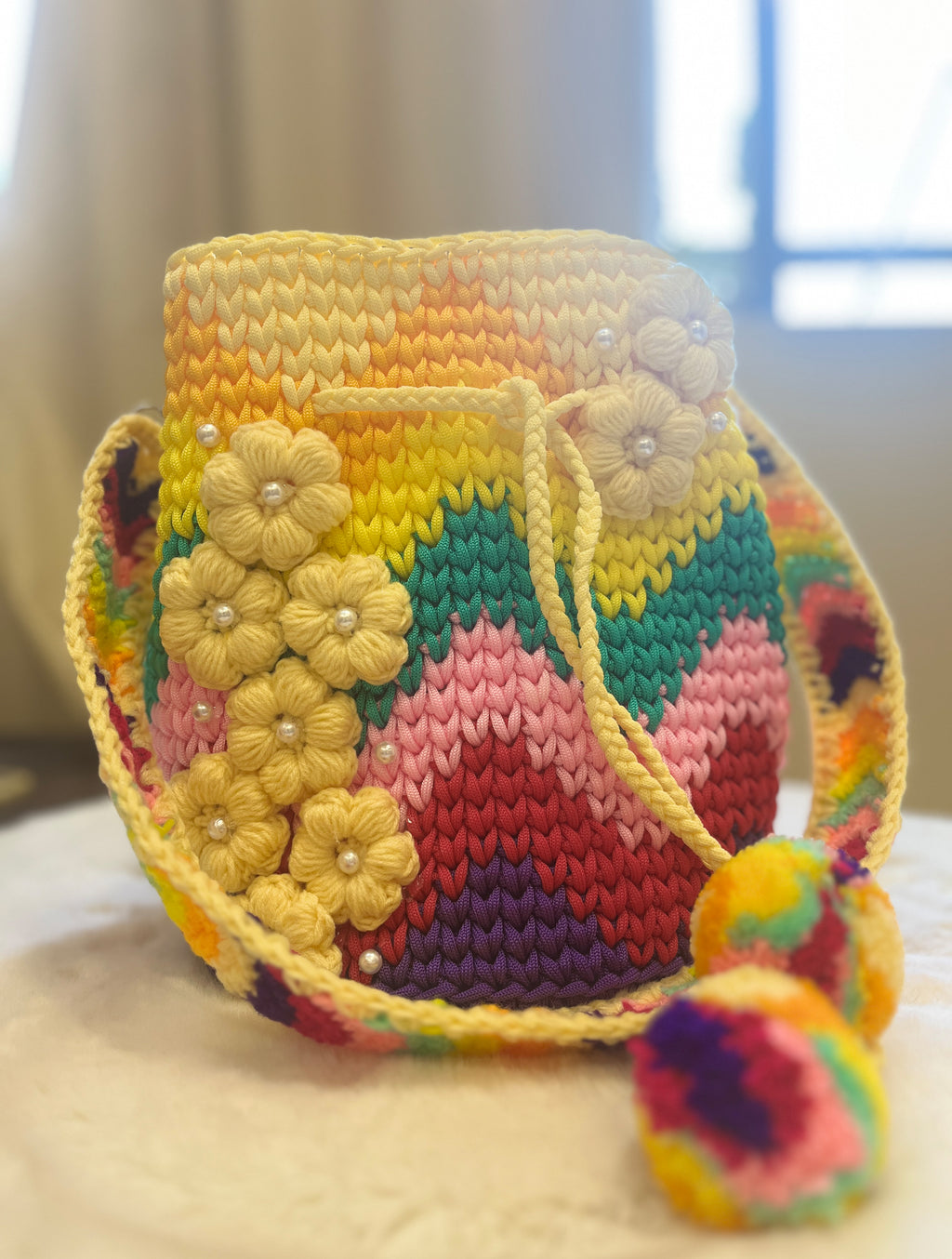 🌼Sunshine Rainbow Crochet Bag – 3D Flower Accents & Pom Charms