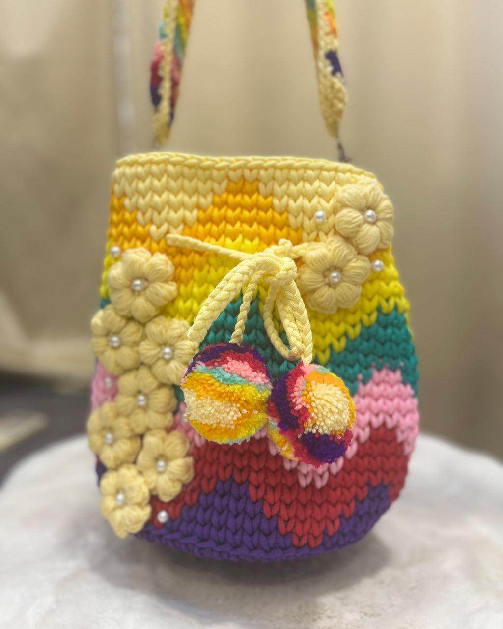 🌼Sunshine Rainbow Crochet Bag – 3D Flower Accents & Pom Charms