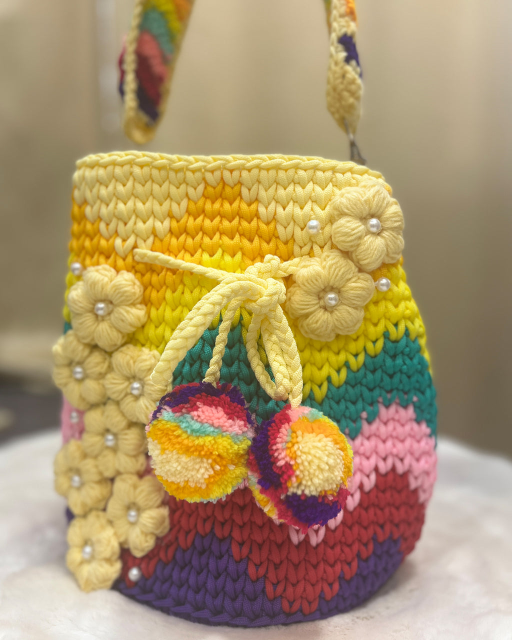 🌼Sunshine Rainbow Crochet Bag – 3D Flower Accents & Pom Charms
