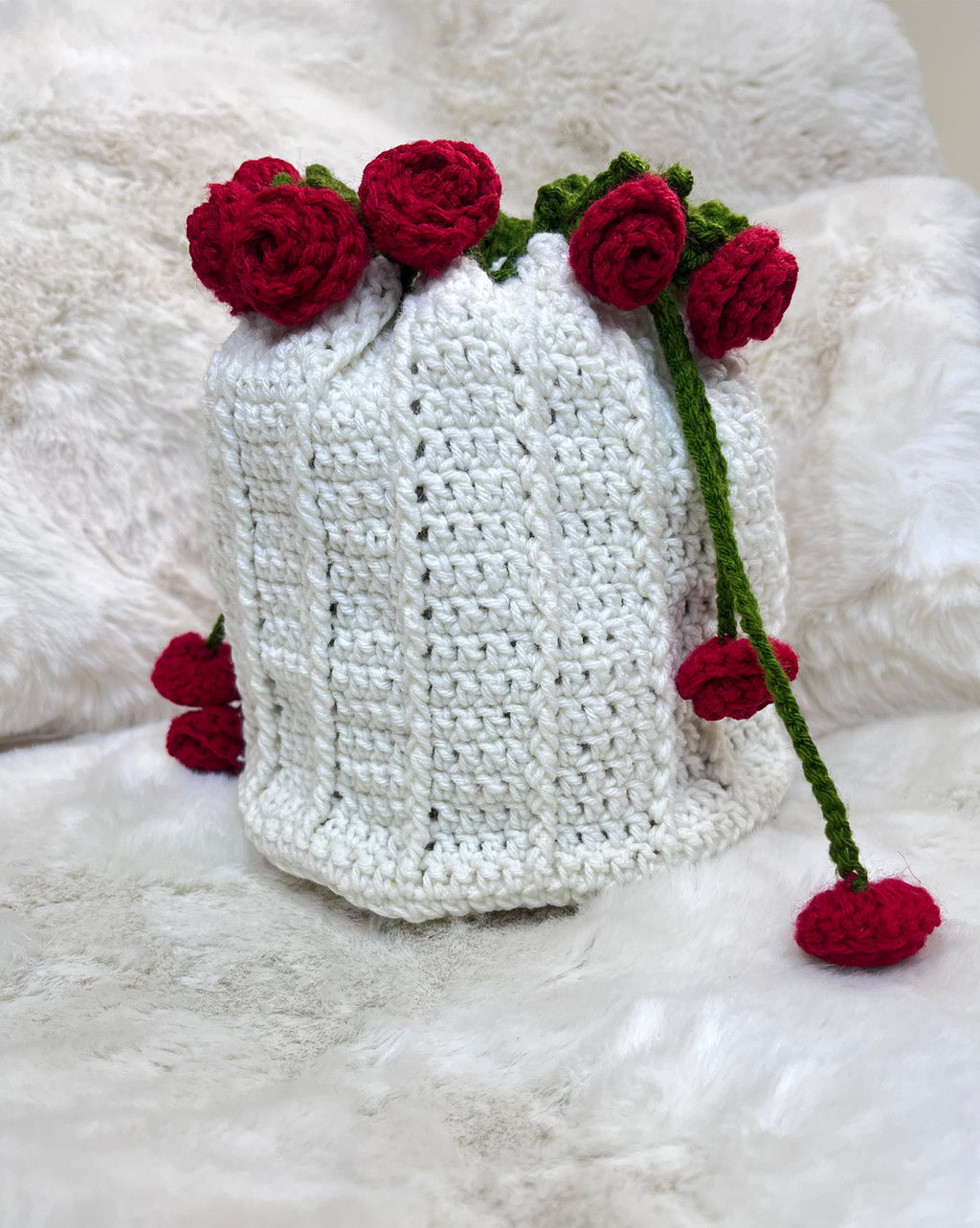 Crochet Drawstring Sling Purse – Red Rose Edition