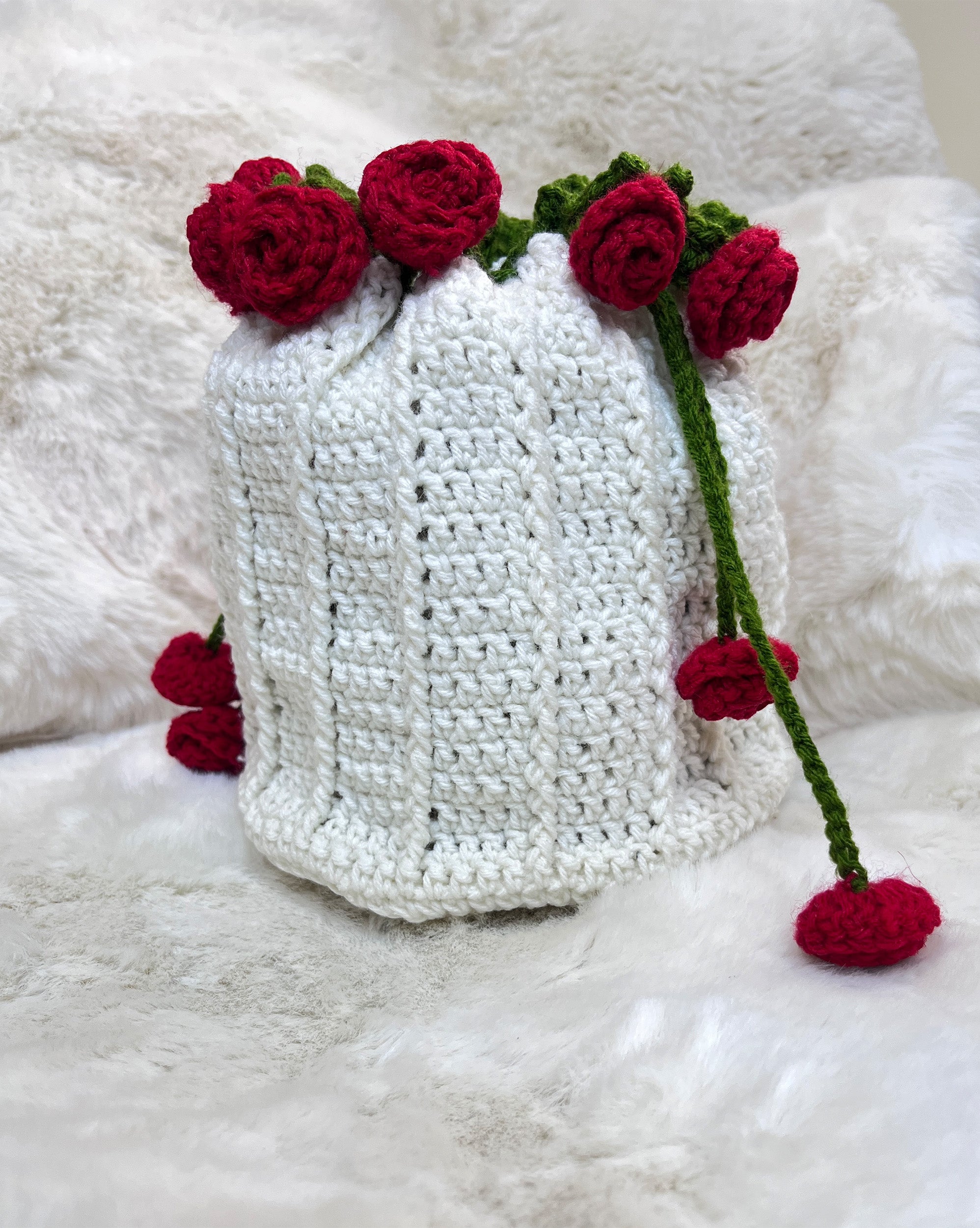Crochet Drawstring Sling Purse – Red Rose Edition