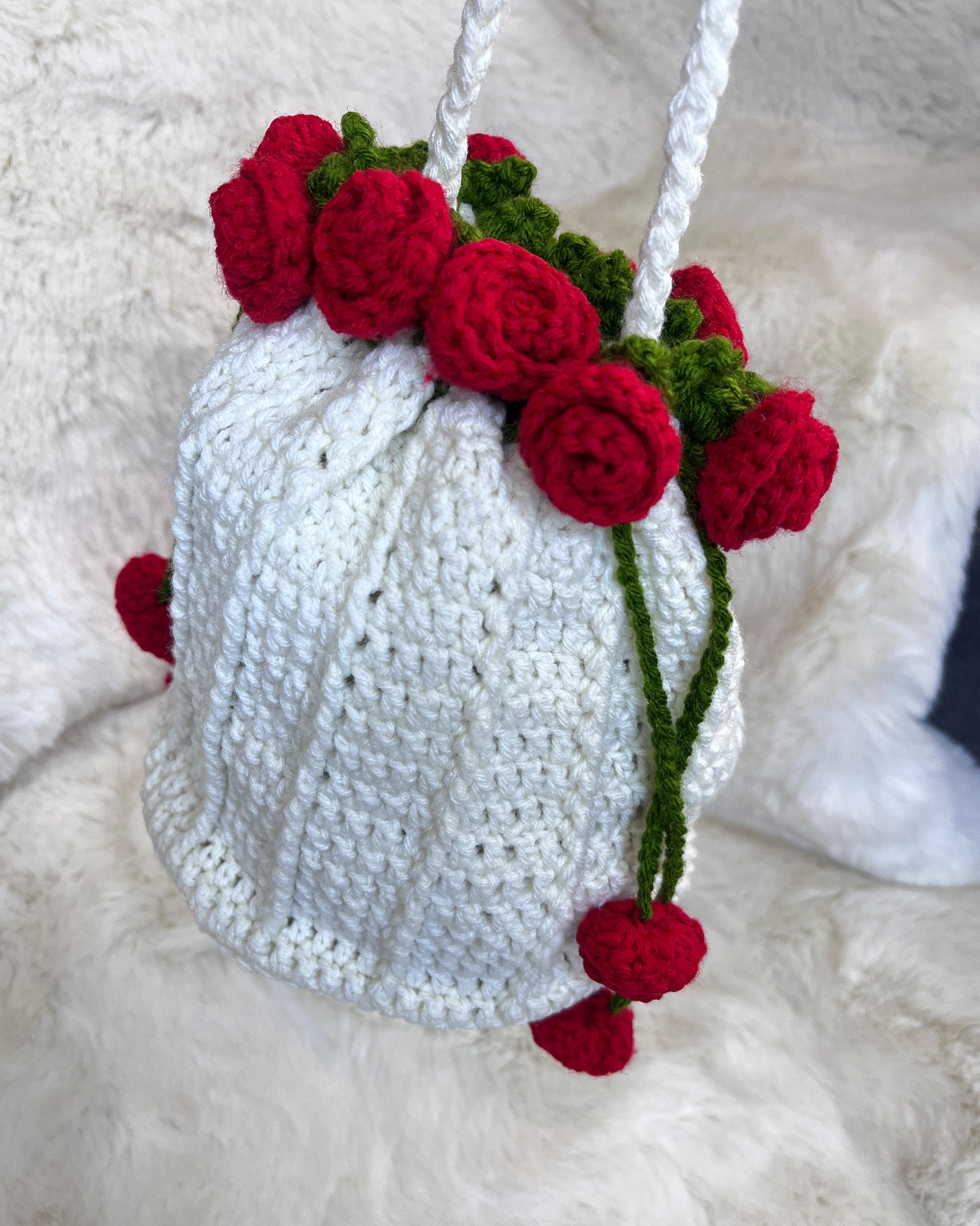 Crochet Drawstring Sling Purse – Red Rose Edition