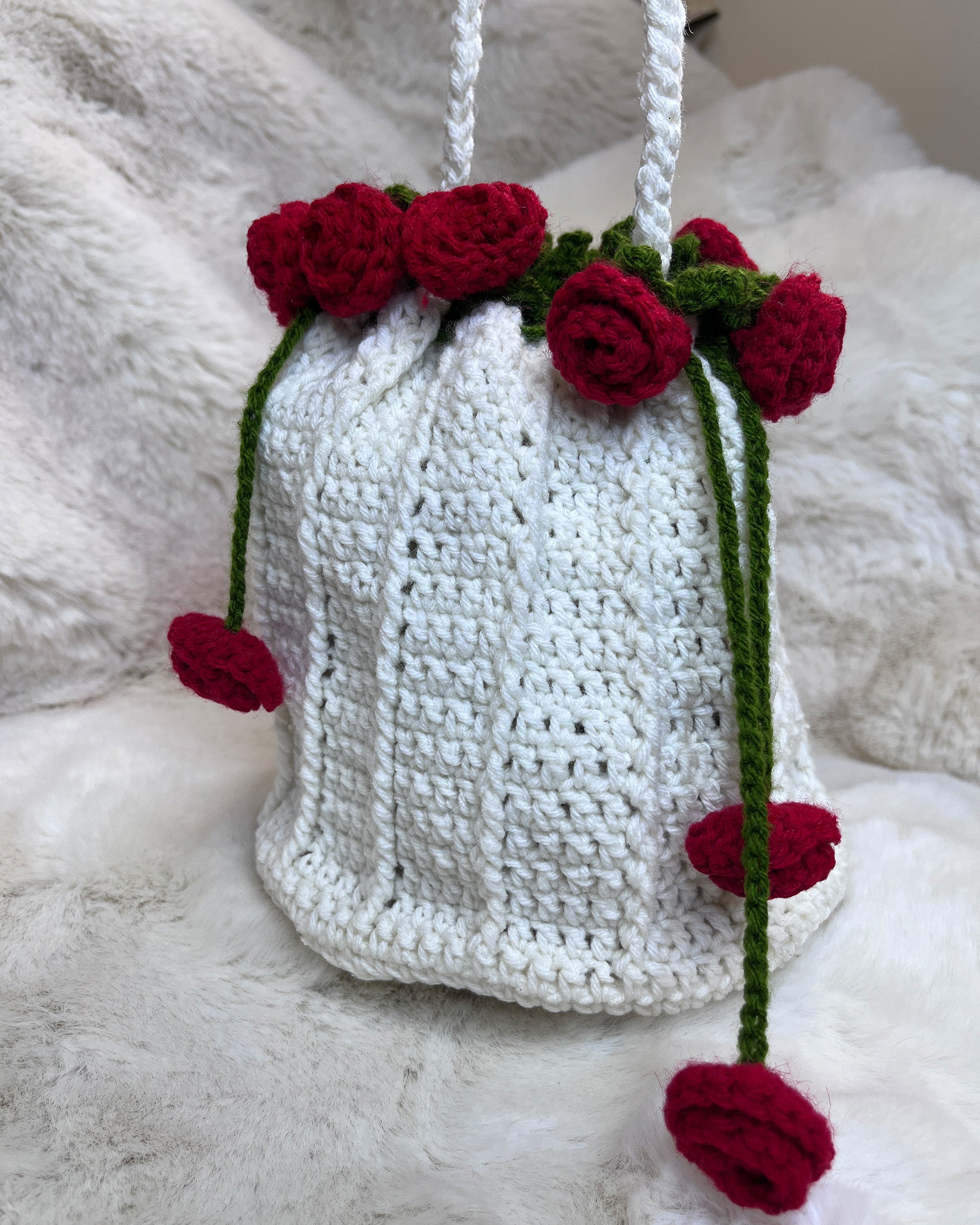 Crochet Drawstring Sling Purse – Red Rose Edition