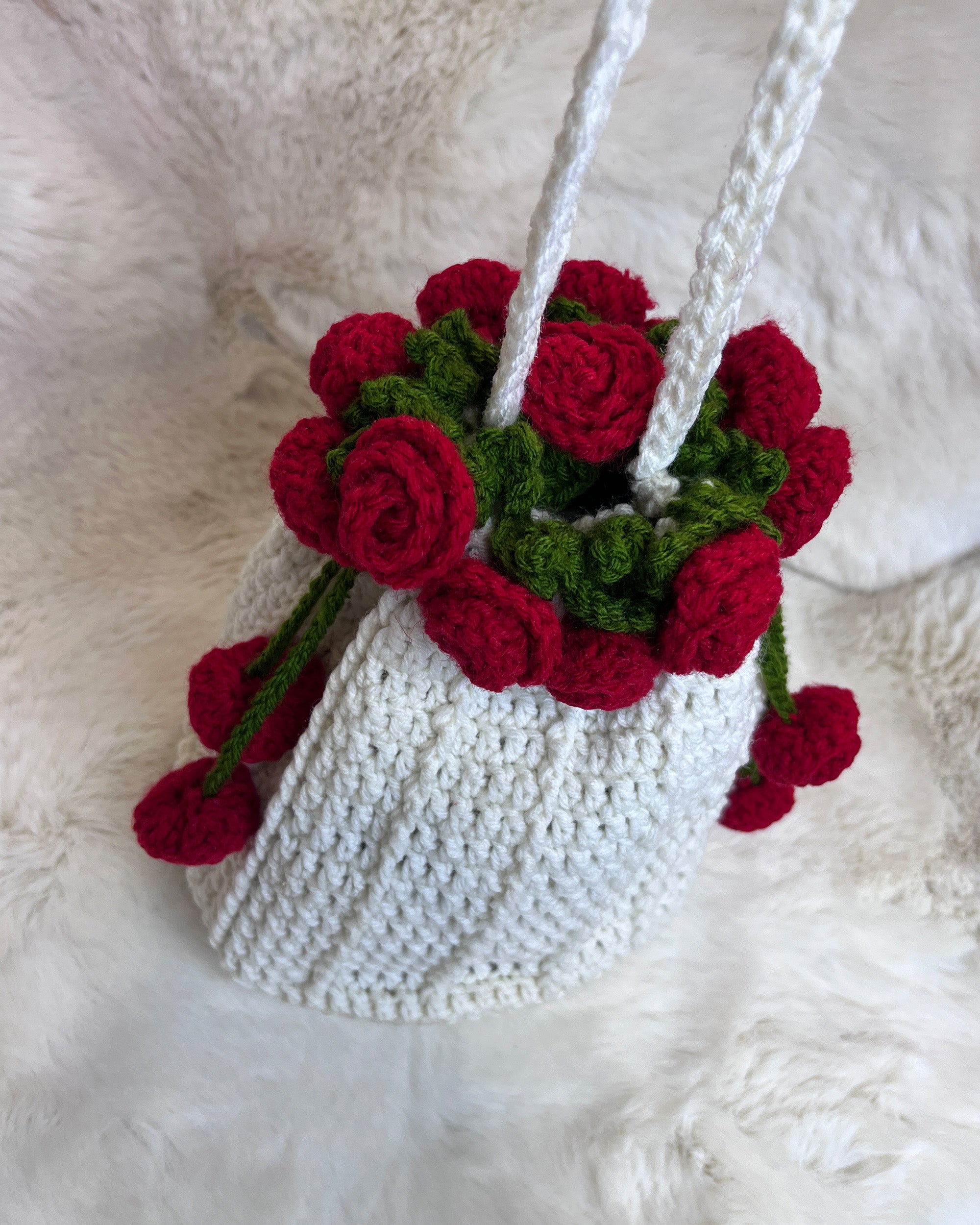 Crochet Drawstring Sling Purse – Red Rose Edition