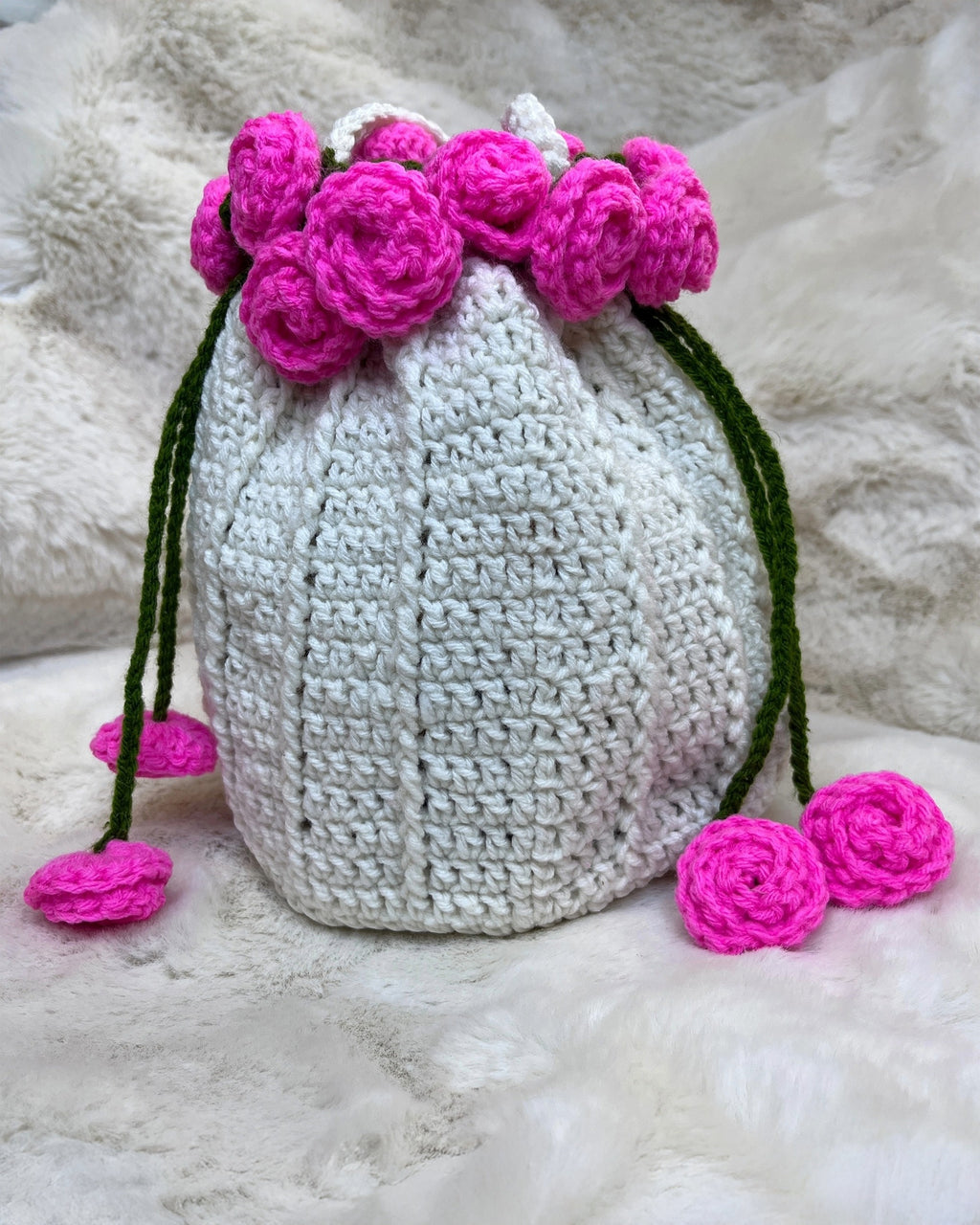 Crochet Drawstring Sling Purse – Pink Rose Edition