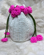 Crochet Drawstring Sling Purse – Pink Rose Edition