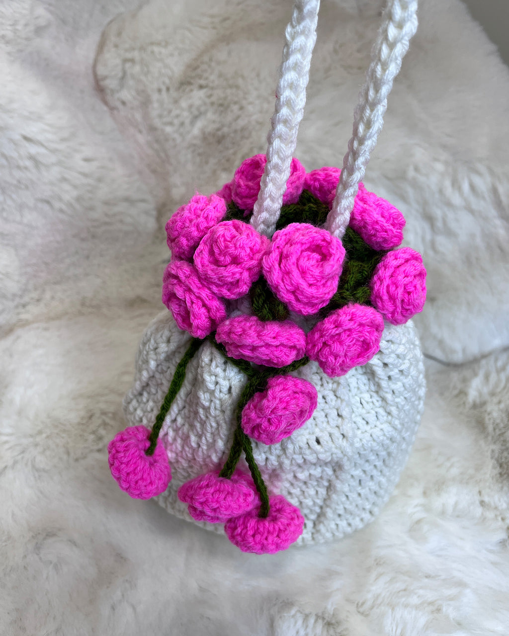 Crochet Drawstring Sling Purse – Pink Rose Edition