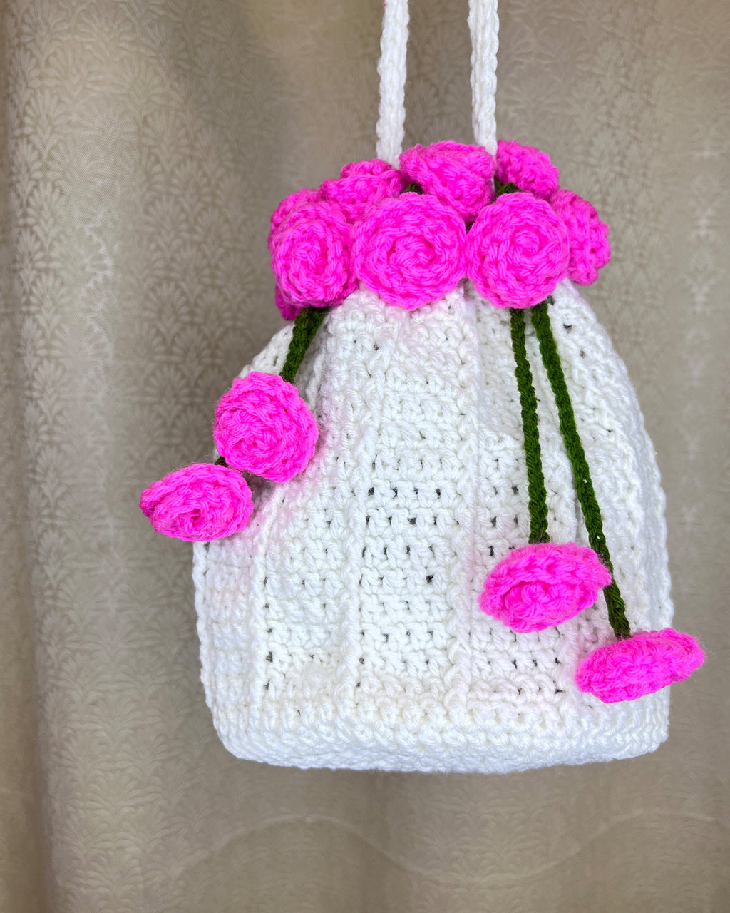 Crochet Drawstring Sling Purse – Pink Rose Edition