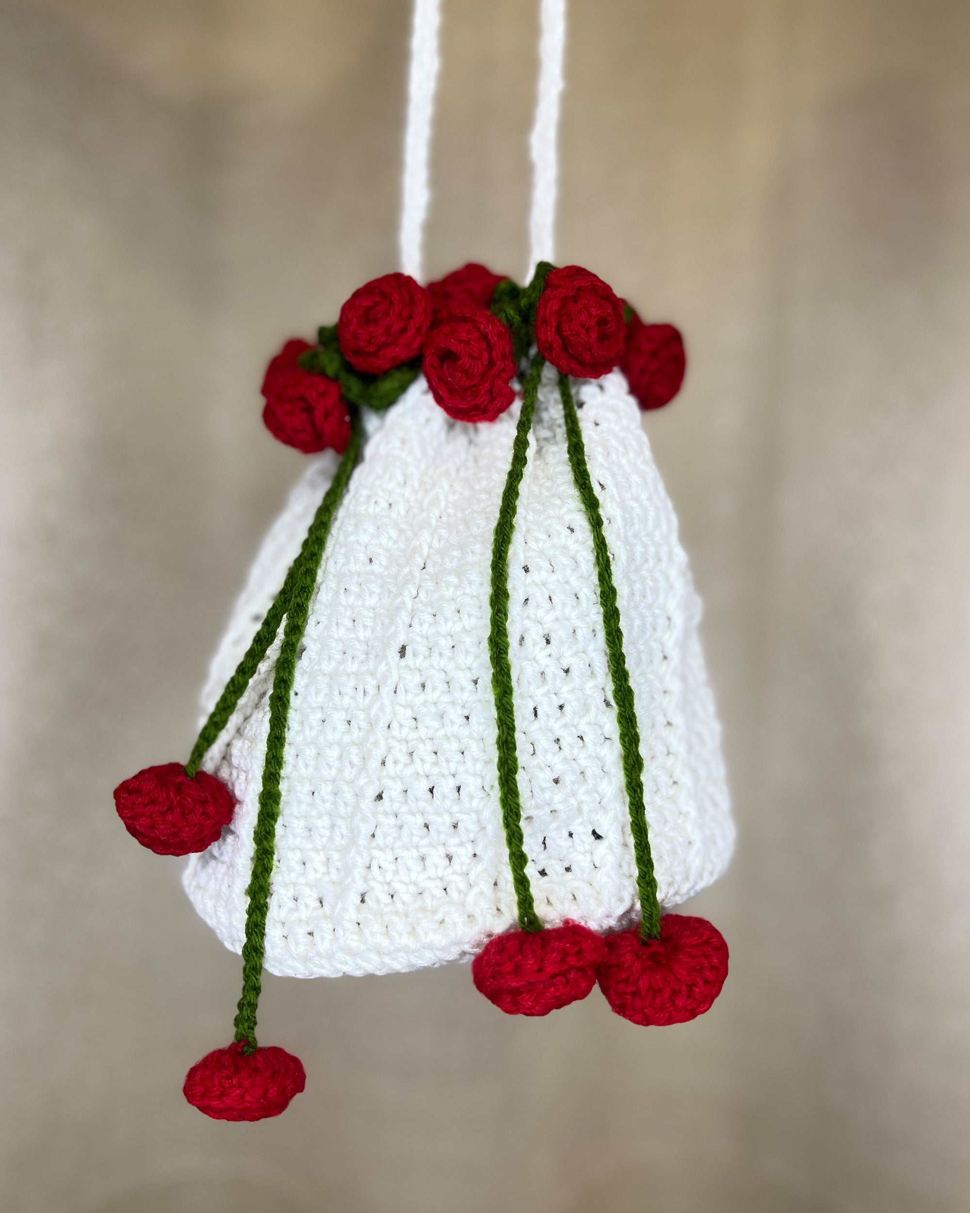 Crochet Drawstring Sling Purse – Red Rose Edition