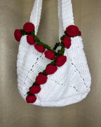 Handcrafted Floral Crochet Tote – White Rose Whisper (White Tote with Red Roses)