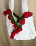 Handcrafted Floral Crochet Tote – White Rose Whisper (White Tote with Red Roses)