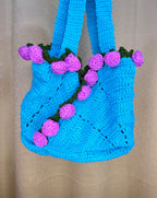 Handcrafted Floral Crochet Tote – Blue Twilight Bloom (Blue with Purple Floral)