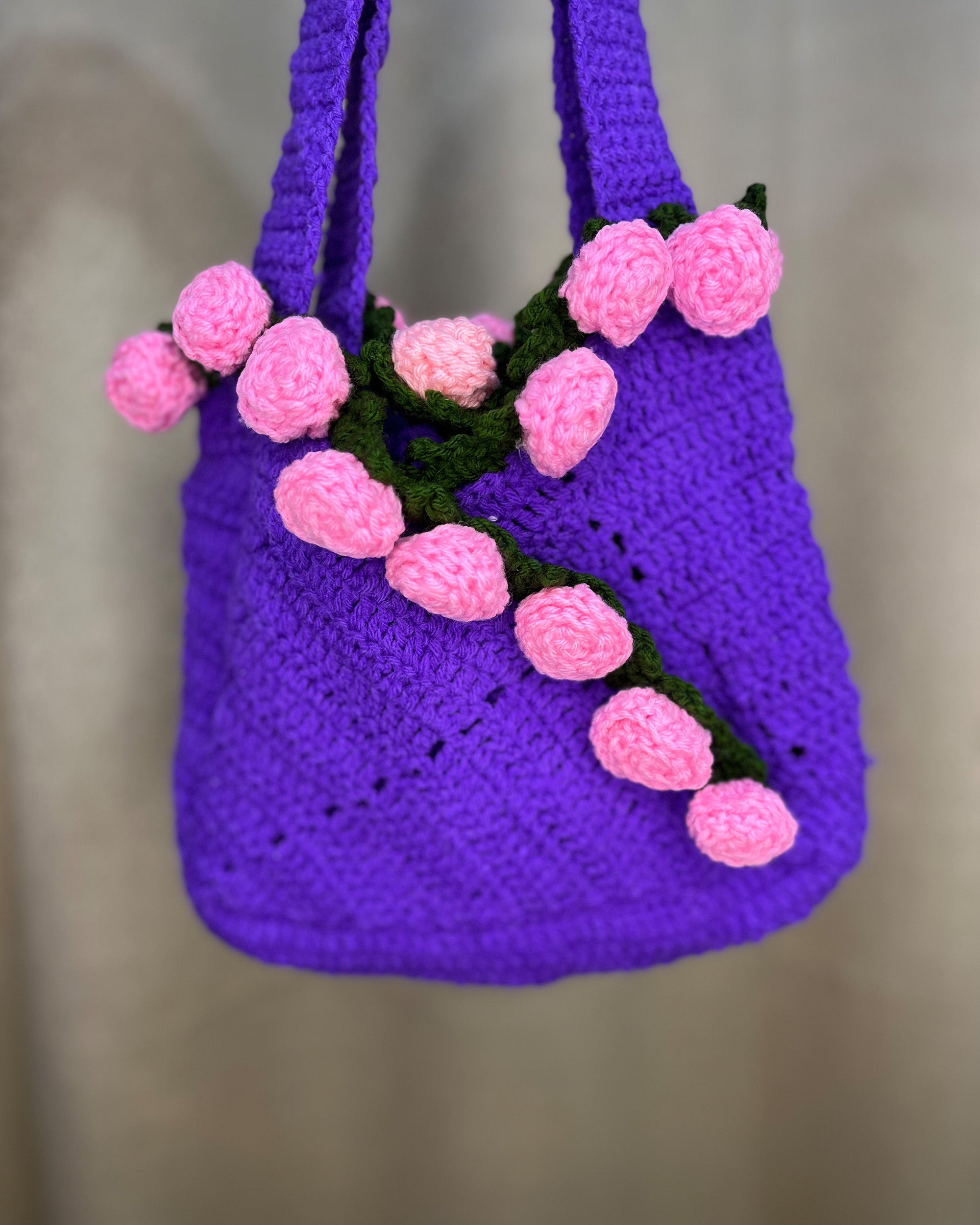 Handcrafted Floral Crochet Tote – Lavender Dreams (Purple with Pink Roses)