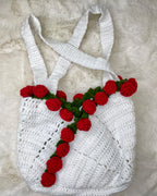 Handcrafted Floral Crochet Tote – White Rose Whisper (White Tote with Red Roses)