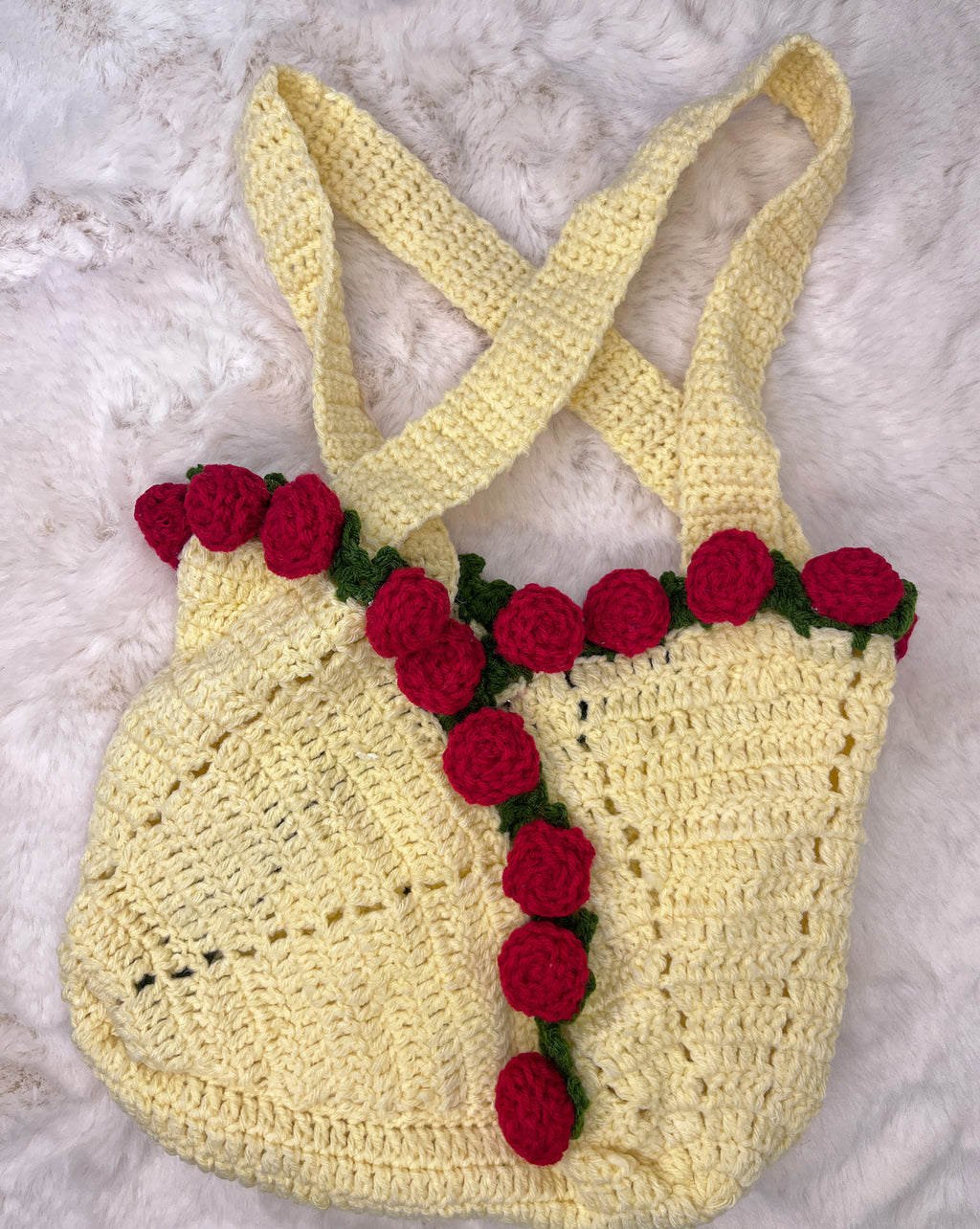 Handcrafted Floral Crochet Tote – Cream Blush Bloom (Cream with Red Roses)