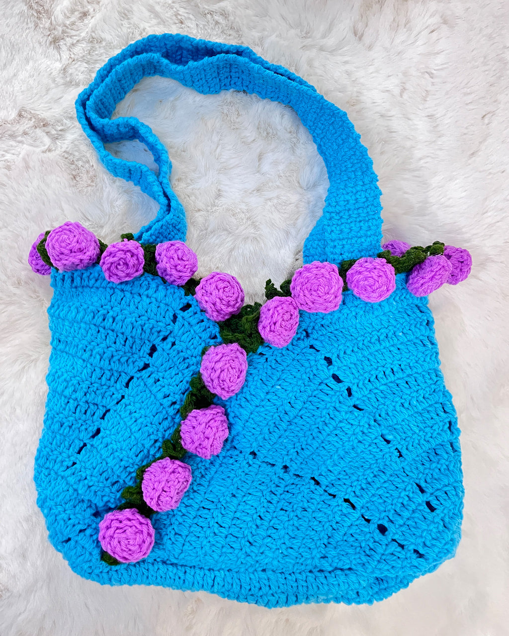 Handcrafted Floral Crochet Tote – Blue Twilight Bloom (Blue with Purple Floral)