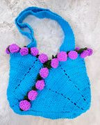 Handcrafted Floral Crochet Tote – Blue Twilight Bloom (Blue with Purple Floral)