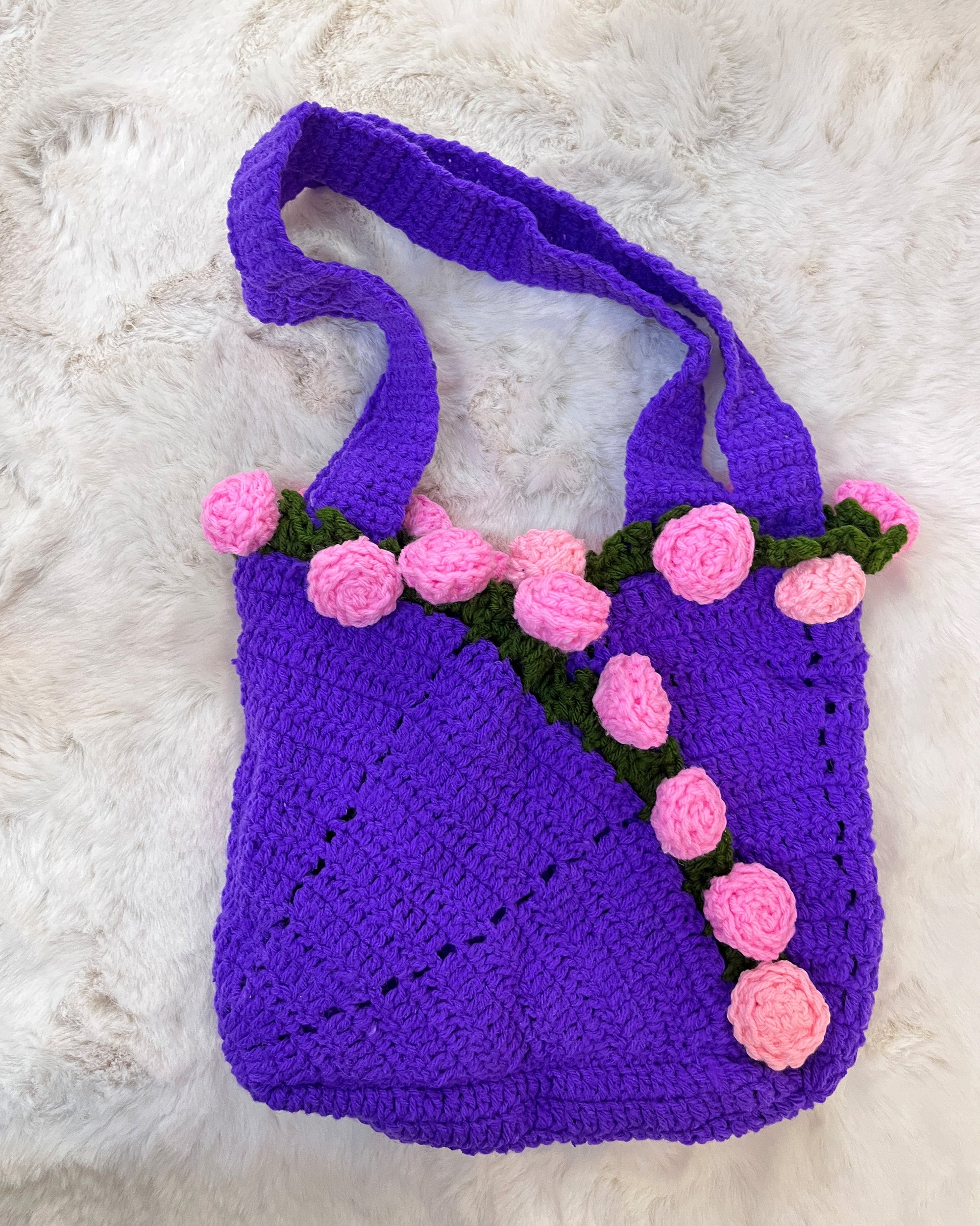 Handcrafted Floral Crochet Tote – Lavender Dreams (Purple with Pink Roses)