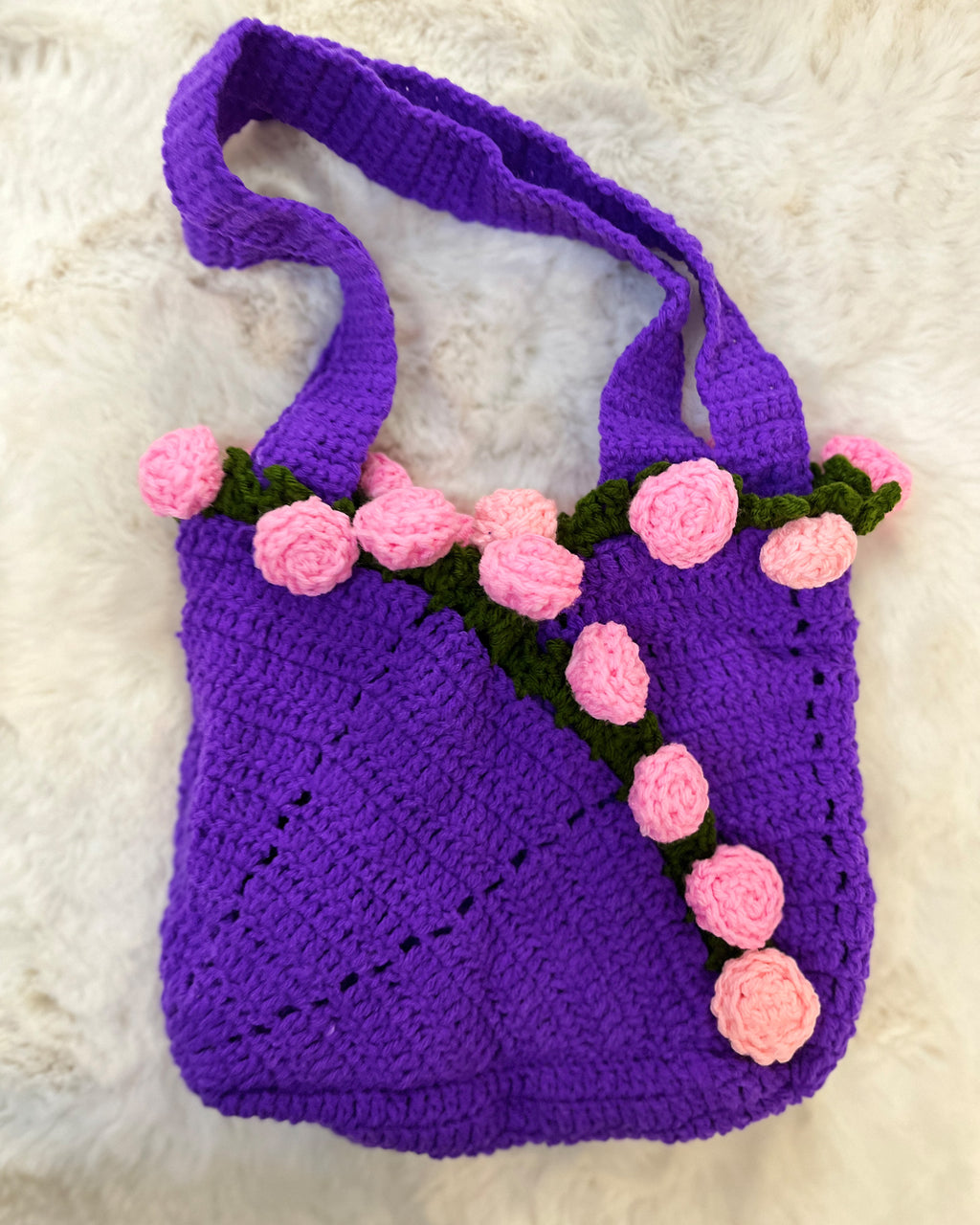 Handcrafted Floral Crochet Tote – Lavender Dreams (Purple with Pink Roses)