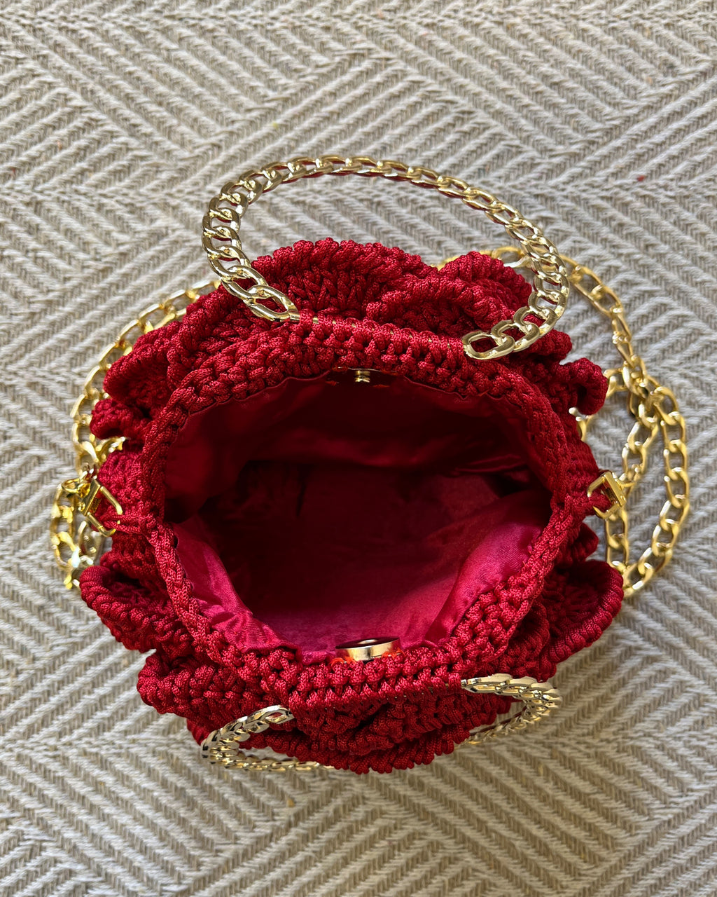 Rosalia Crochet Rose Bag – Handmade 3D Floral Clutch (Deep Red)