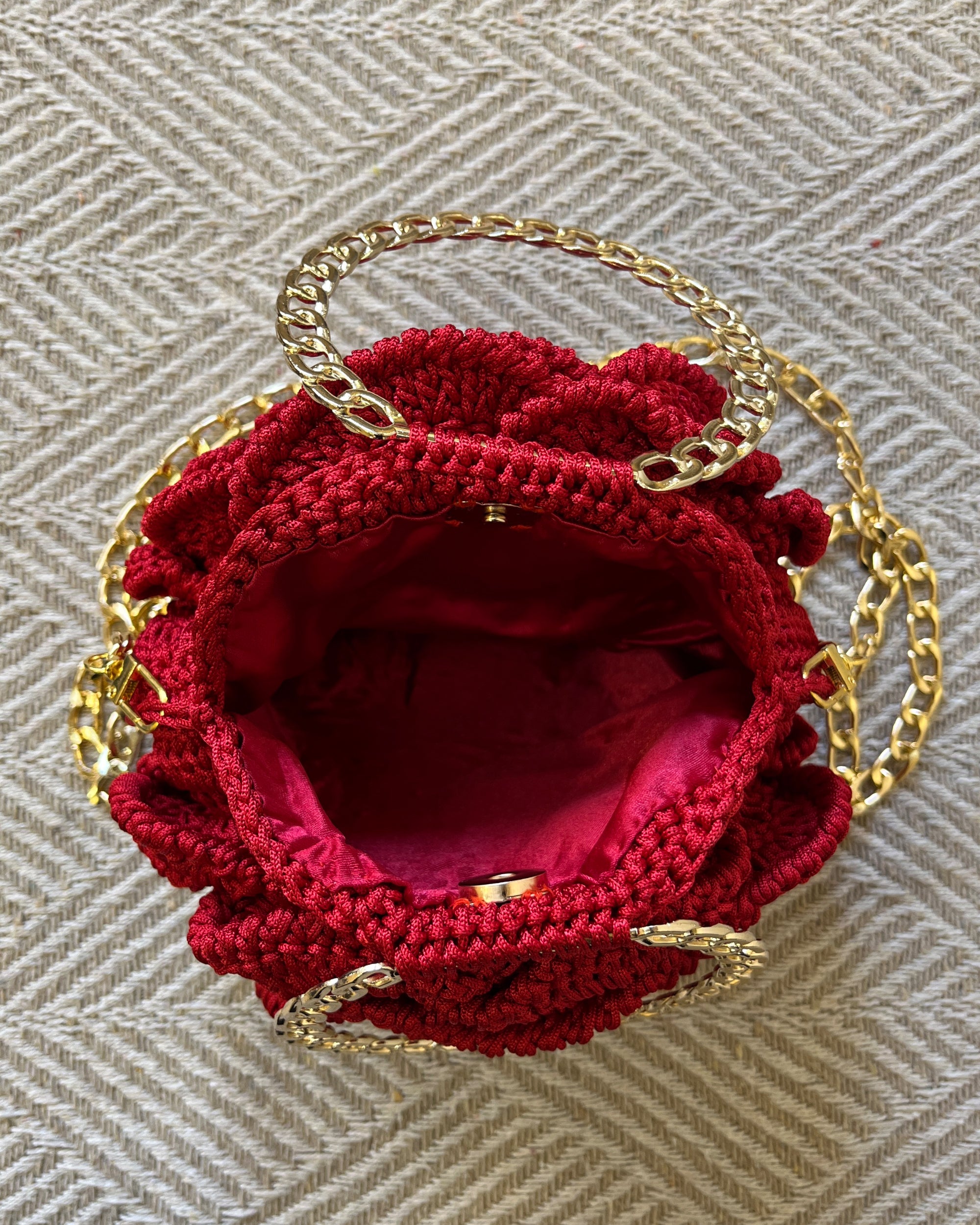 Rosalia Crochet Rose Bag – Handmade 3D Floral Clutch (Deep Red)