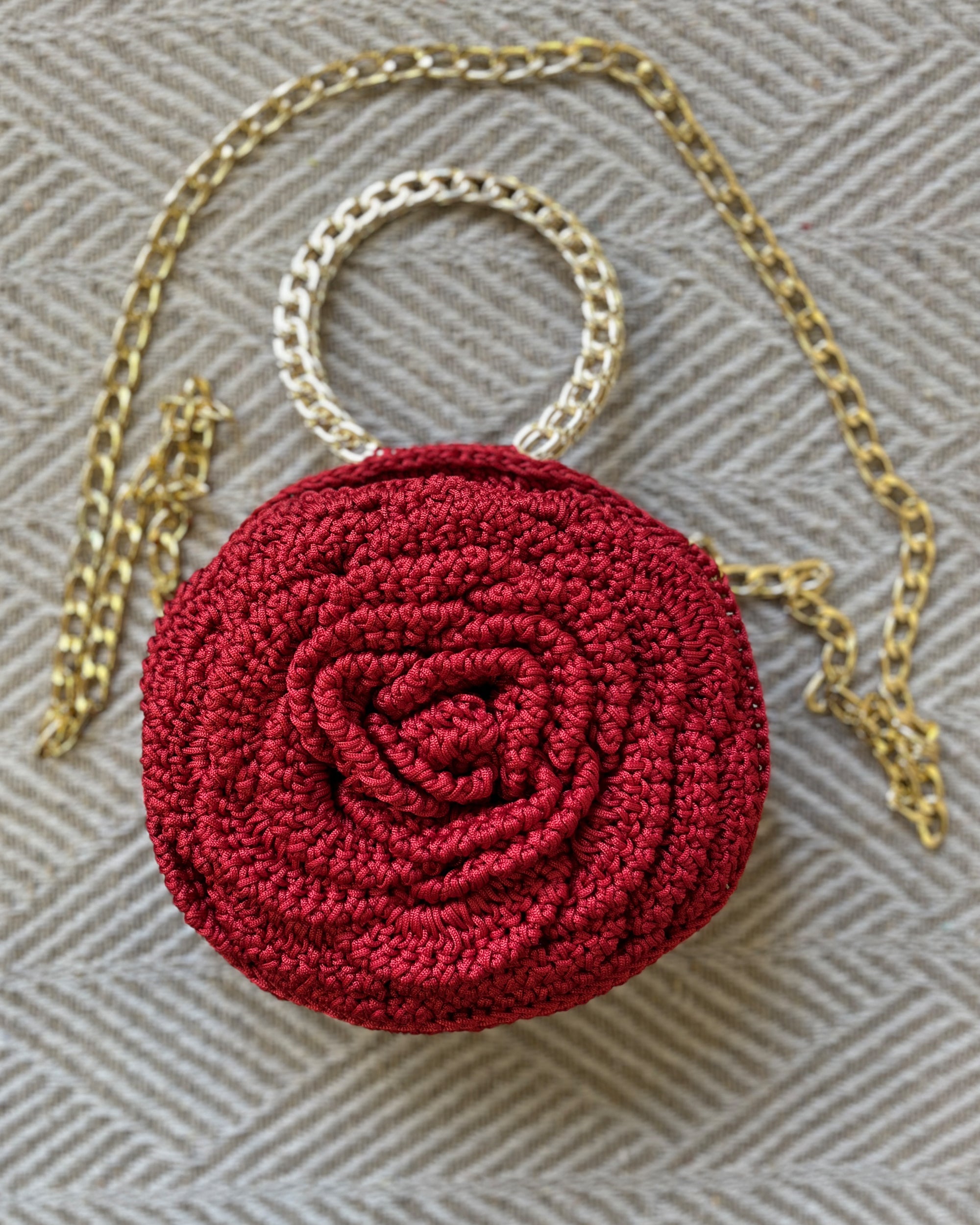Rosalia Crochet Rose Bag – Handmade 3D Floral Clutch (Deep Red)