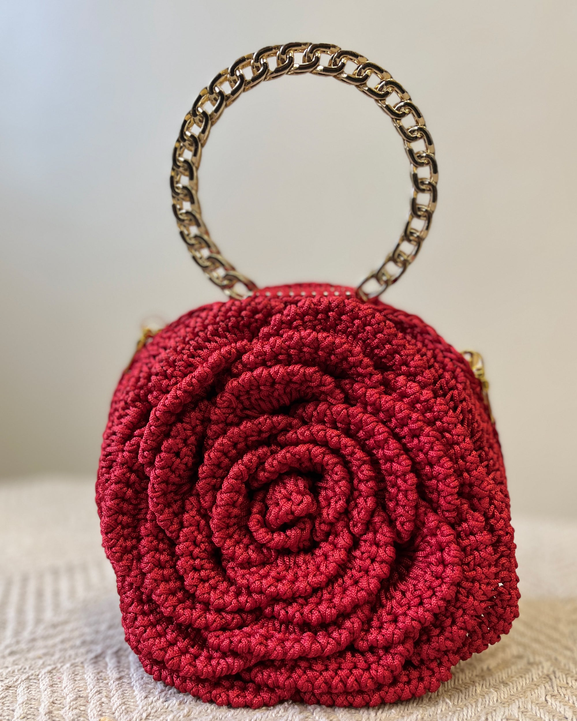 Rosalia Crochet Rose Bag – Handmade 3D Floral Clutch (Deep Red)