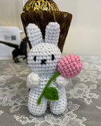 Handmade Crochet Bunny Keychain with Pink Flower – Cute Amigurumi Charm