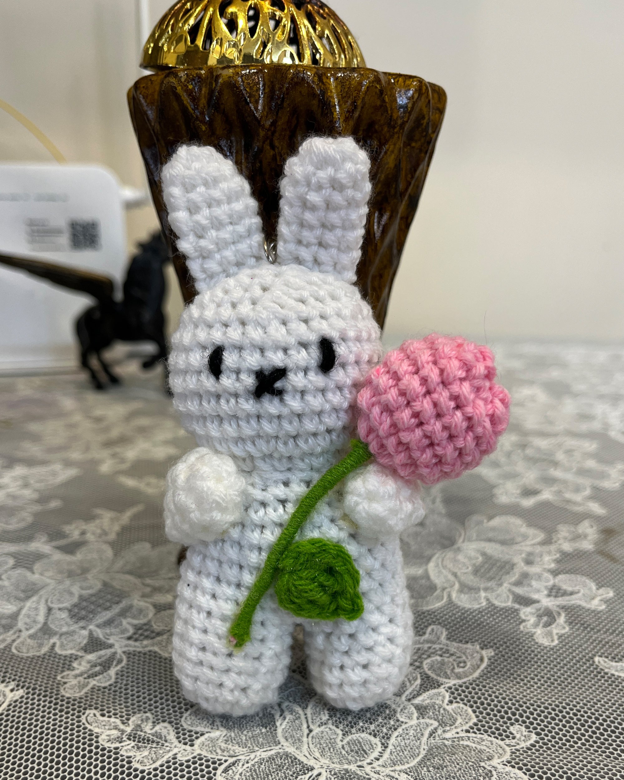 Handmade Crochet Bunny Keychain with Pink Flower – Cute Amigurumi Charm