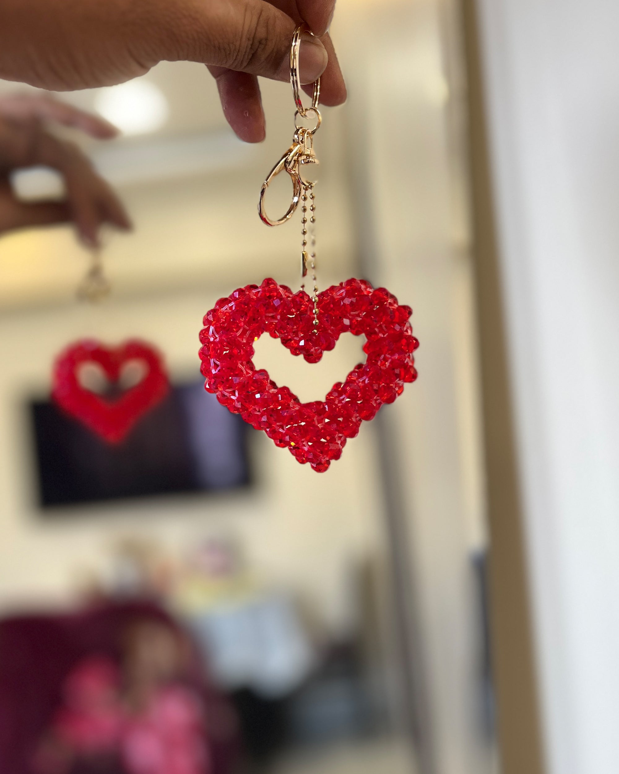 Handmade Crystal Heart Bag Charm - Ruby Heart Beaded Keychain