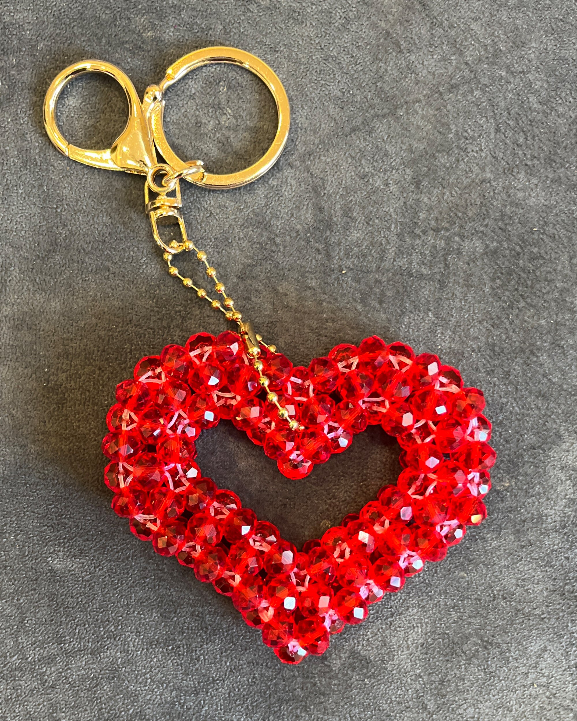 Handmade Crystal Heart Bag Charm - Ruby Heart Beaded Keychain
